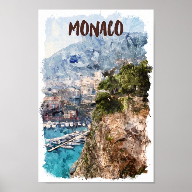 Vy över vattenfärga Monaco-återreseort Poster (Framsidan)