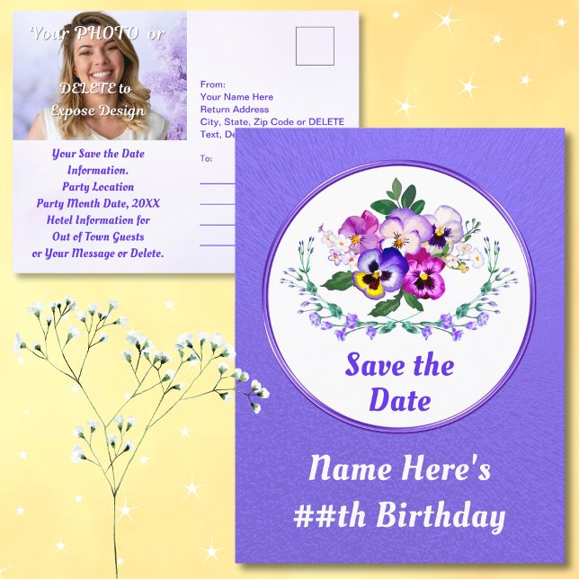 Vykort (Birthday Save the Date Postcards. Cheap Save the Dates. Pansy Birthday. Save the Date Postcards.)