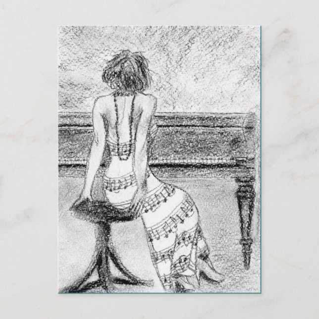 Vykort av kvinna vid en piano (Framsida)