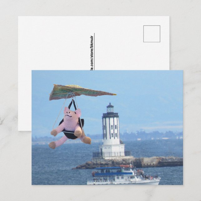 Vykort - Flygande Gris över LA Harbour Light (Fram/baksida)