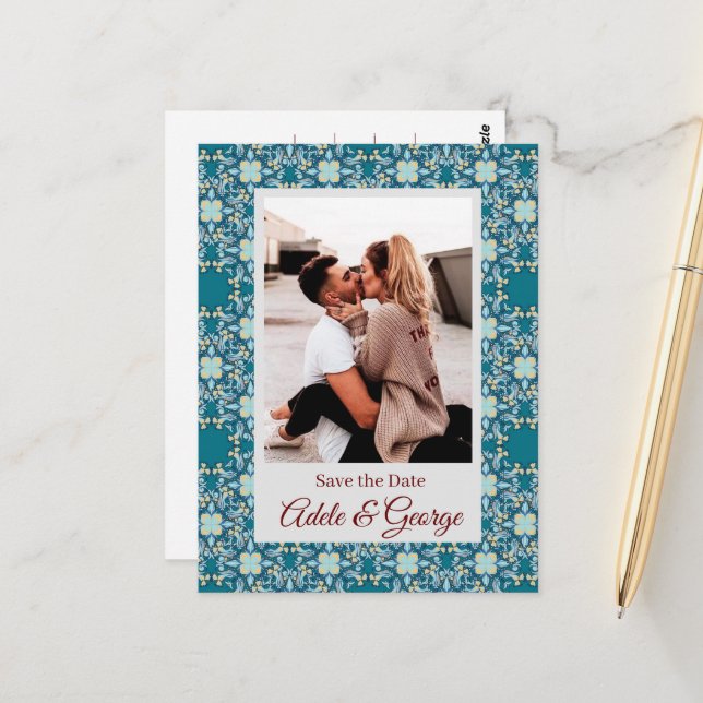 vykort för Aquamarine PHOTO Bröllop spara datum (Fram/Back In Situ)