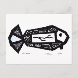 vykort för fiskstift Linocut-design