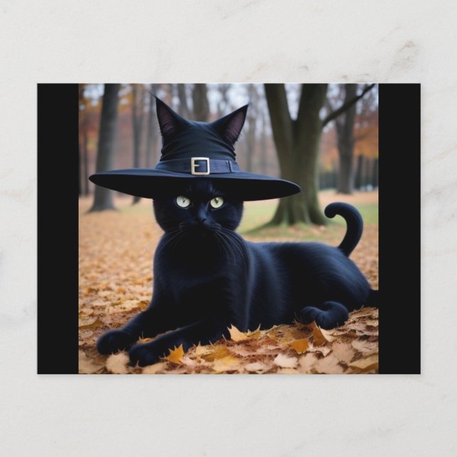 Vykort för höstkassa-Helgdag (A black cat wearing a witch's hat lounges gracefully on a bed of autumn leaves.)
