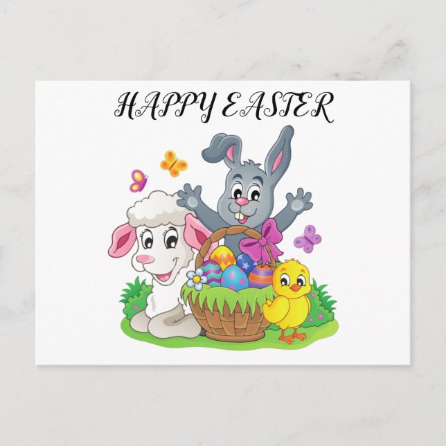 vykort för kanin, lamm och chick i påsk. (Framsida)