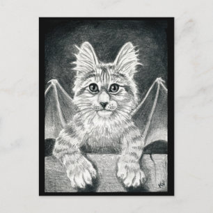 vykort för katt, svart och vit gargoyle Halloween