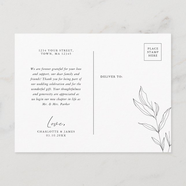 vykort för Line Art Foliage Löv Tack (Baksida)