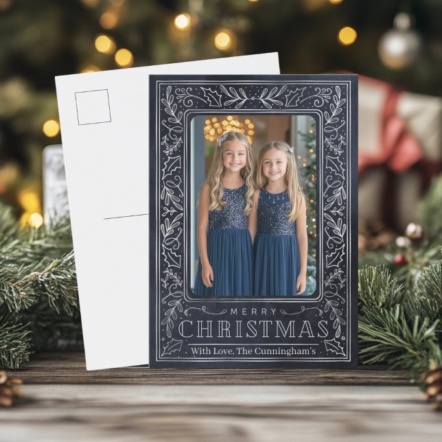 Vykort för marin och Silver Helgdag (Navy and Silver Holly Photo 
Christmas Postcard)