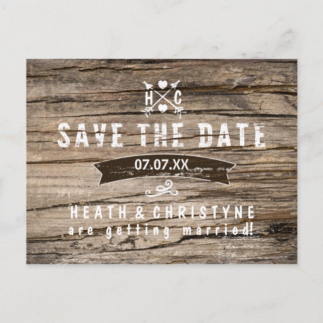vykort för Rustic Wood & Arrows "Save the DATE" (Framsida)