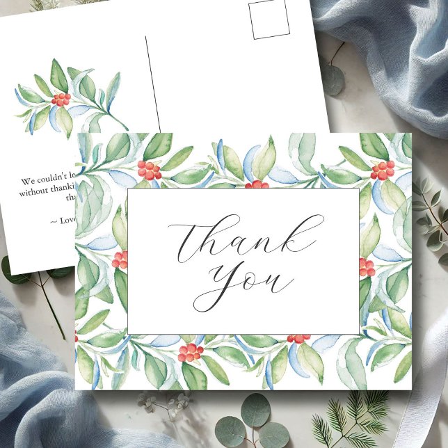 Vykort för Tack (Christmas thank you postcard watercolor foliage and berries art by Victoria Grigaliunas DoTellABelle)