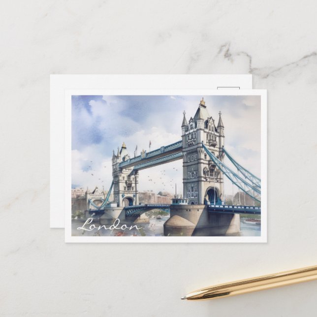 vykort för vattenfärgsfärg i London Torn Bridge Tr (Fram/Back In Situ)