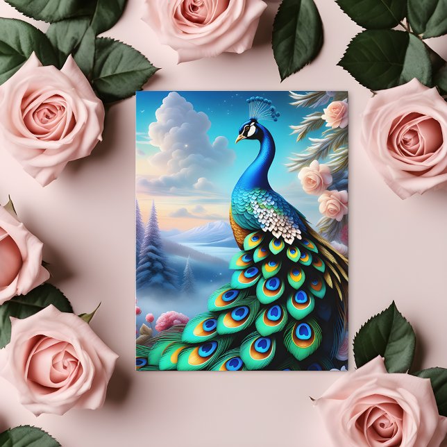 vykort för visemisk Fantasy Art Ro Garden Peacock (🌹 Whimsical Elegance: Peacock in Winter Garden! ❄️)