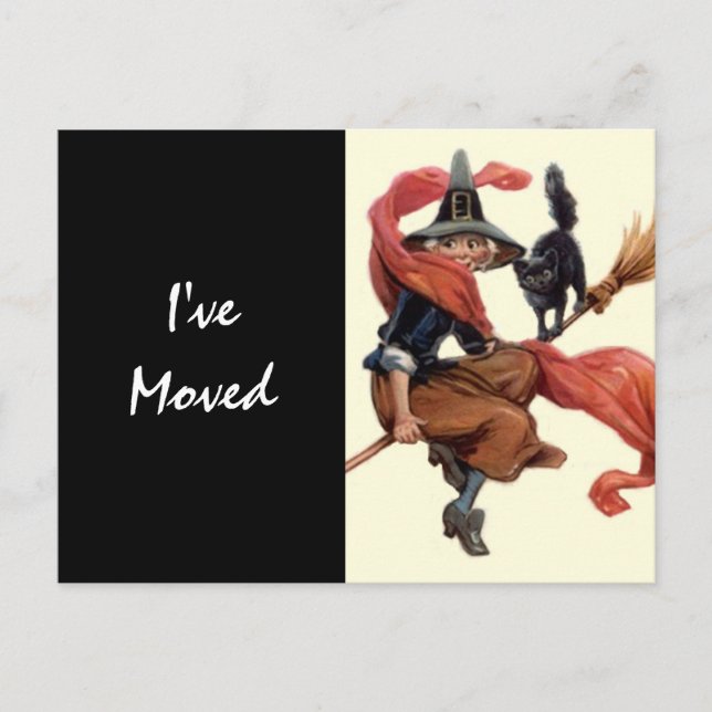 Vykort Gammal Häxa på Kvast Flyttat Ny Adress (Framsida)