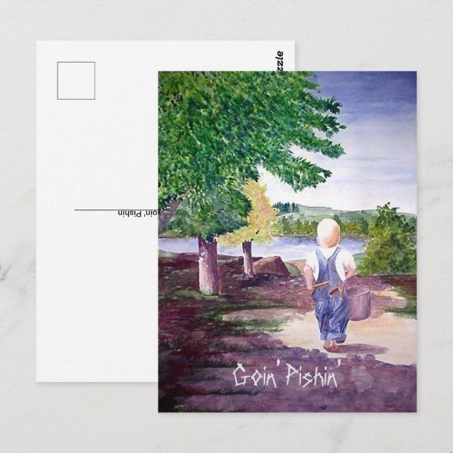 Vykort - Går på fisketur (Fram/baksida)