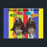 vykort Grattis på födelsedagen Friend Basset<br><div class="desc">Postcard Grattis på födelsedagen Friend - 2 tillgångshundar på Rainbow rand med smiley face</div>