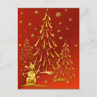 vykort guld Snögubbe och Julgran