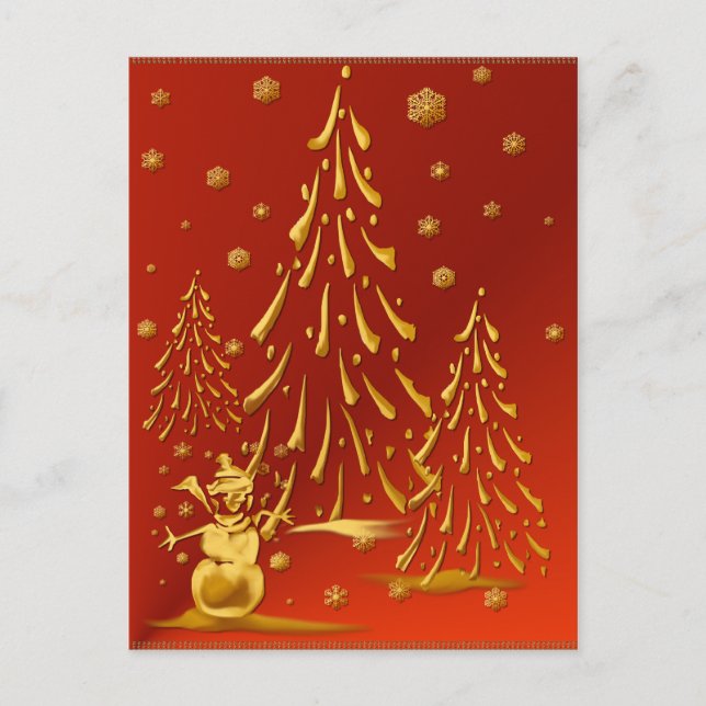 vykort guld Snögubbe och Julgran (Framsida)