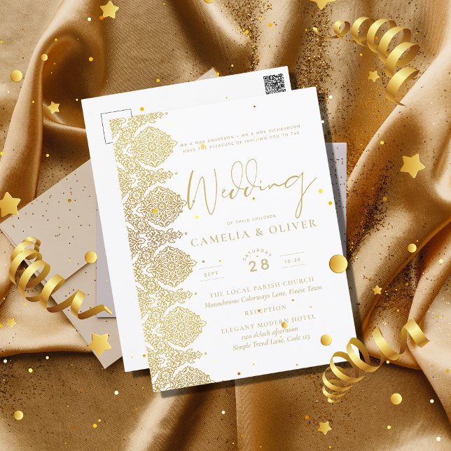 vykort Guld White Snöre Elegant bröllop Inbjudan (Skapare uppladdad)