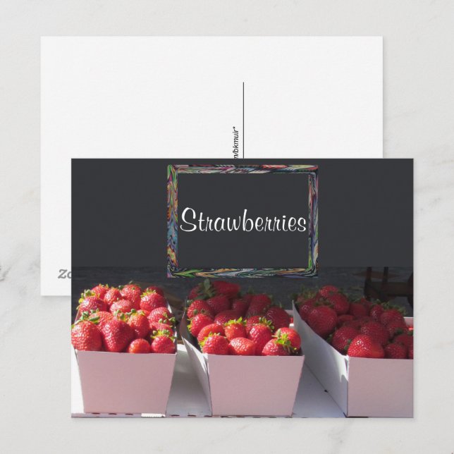 Vykort - Jordgubskorgar med skylt (Fram/baksida)