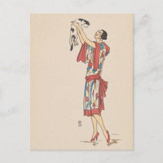 Vykort - kvinna och katt - fransk konstnär