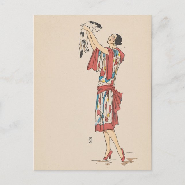 Vykort - kvinna och katt - fransk konstnär (Framsida)