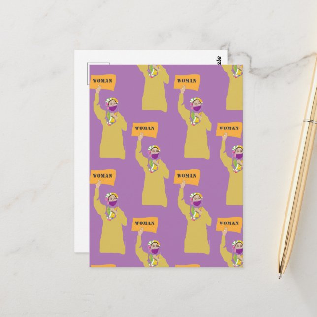 Vykort med afghansk kvinna som håller en protestsk (Fram/Back In Situ)