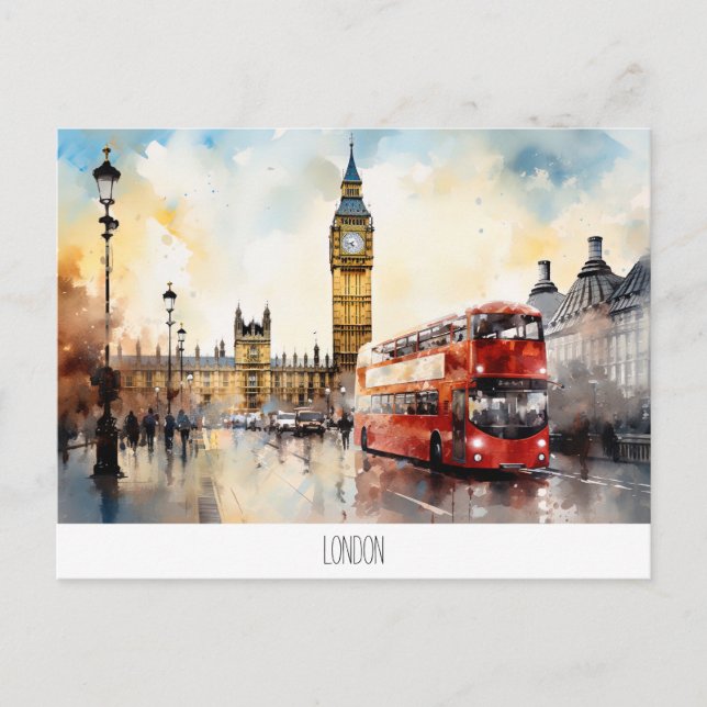 vykort med Big Ben och red buss i London (Framsida)