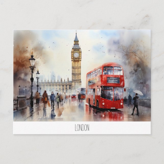 vykort med Big Ben och red buss i London (Framsida)
