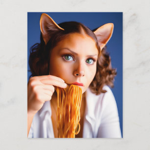 Vykort med människo-katt som äter spagetti