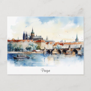 Vykort med Prag, målat landskap.