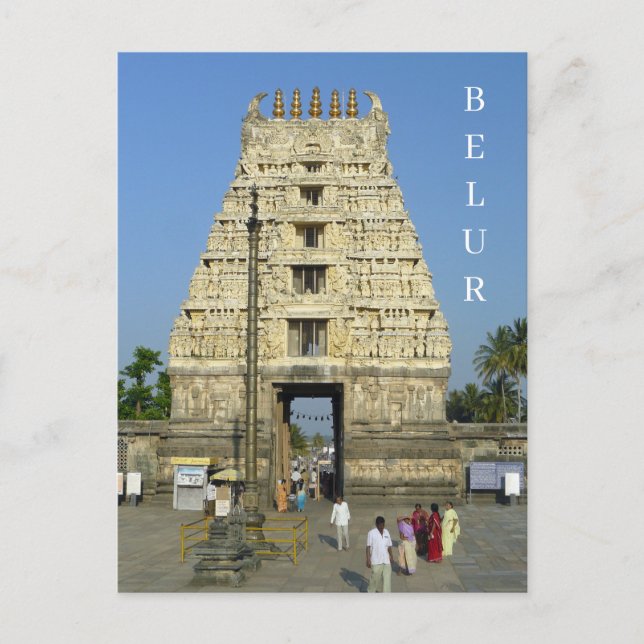 Vykort med utsikt över Indien Belur-templet (Framsida)