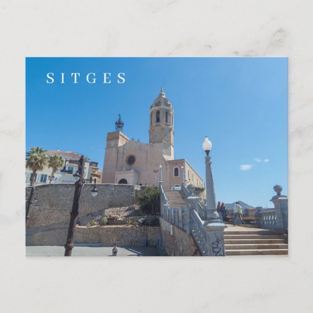 Vykort med utsikt över kyrkan i Sitges (Framsida)