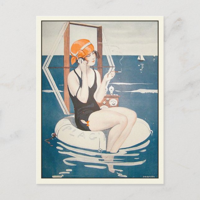 Vykort med Vintage Fransk Sommarillustration (Framsida)