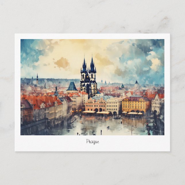 Vykort Prag natt i Tjeckien (Framsida)