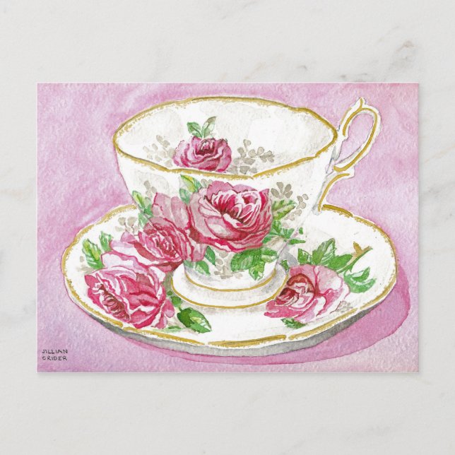 vykort - Rosa Blommigt Ro Watercolor Tekopp (Framsida)