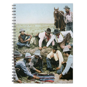 Vykort som visar cowboys som spelar skytteskitar anteckningsbok med spiral
