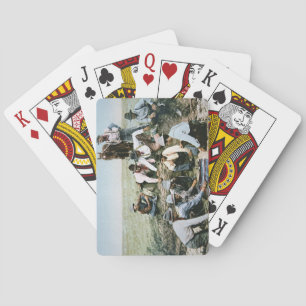 Vykort som visar cowboys som spelar skytteskitar spelkort