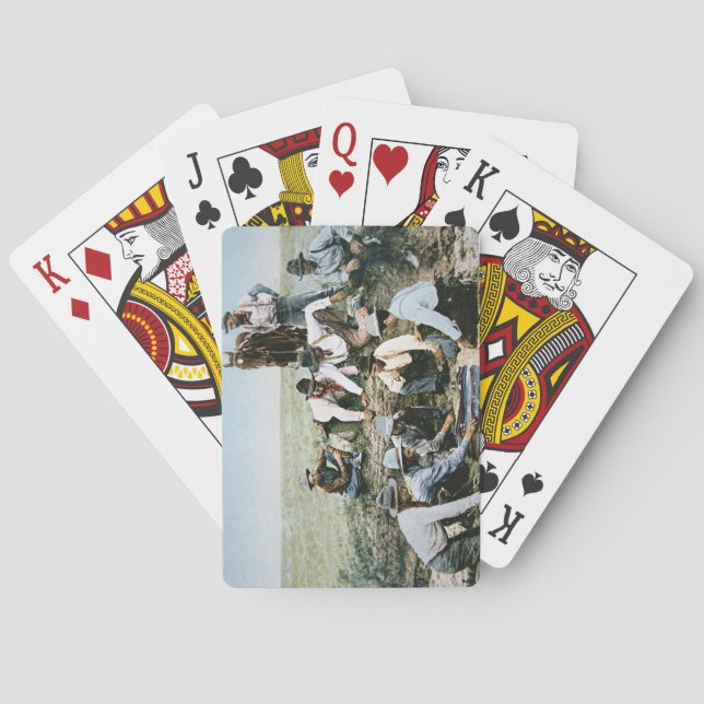 Vykort som visar cowboys som spelar skytteskitar spelkort (Baksidan)