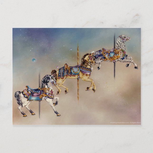 vykort - tre karusellhästar (Framsida)