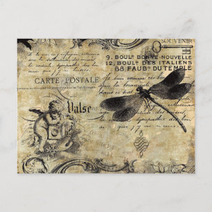 Vykort - Vintage Fransk Cherub Dragonfly