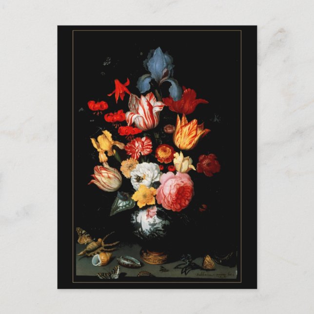 Vykort Vintagekonst Stilleben Blommor Insekter Ska (Framsida)