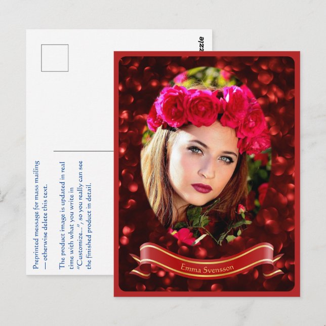 Vykort — Woman in red (Fram/baksida)