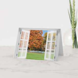 Vyn Autumn Oak träd i fönstret Kort