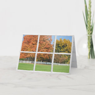 Vyn Autumn Oak träd i fönstret Kort