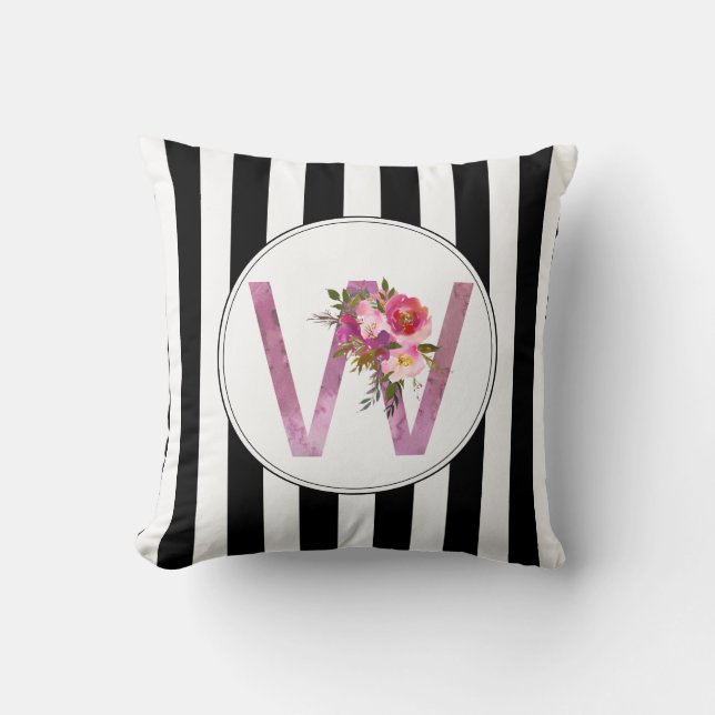 W, Blommigt Monogram initial, vattenfärgsblomma Kudde (Framsida)