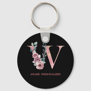 W Blommigt Monogram Namn Brev Rosa Agate Keychain Nyckelring