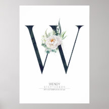 W Bokstavsmonogram Vita Blommor och Grönska