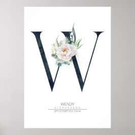 W Bokstavsmonogram Vita Blommor och Grönska Poster