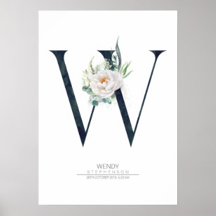 W Bokstavsmonogram Vita Blommor och Grönska Poster