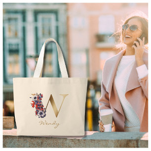 W Brev Guld Monogram Red White Lila Blommigt Jumbo Tygkasse