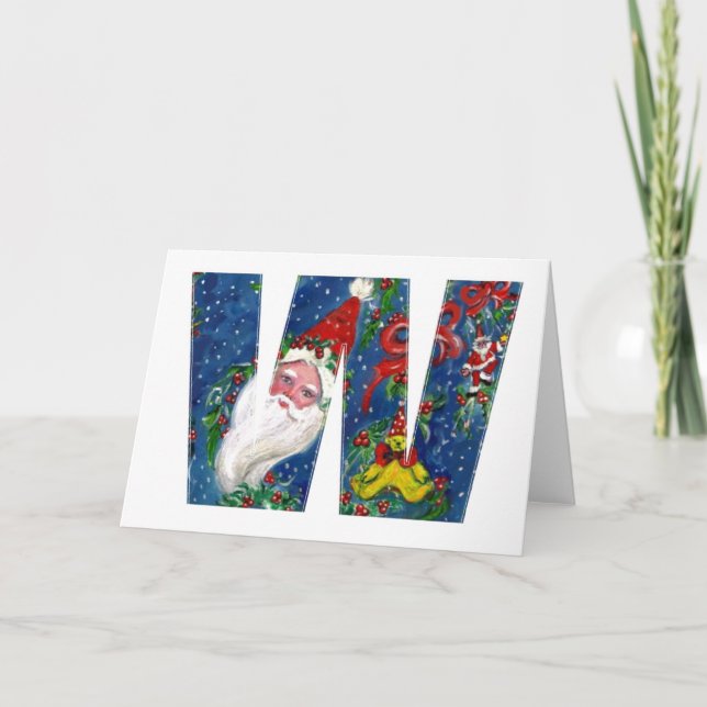 W BREV / JULTOMTEN MED RÖD RIBONMONOGRAM HELGKORT (Framsida)
